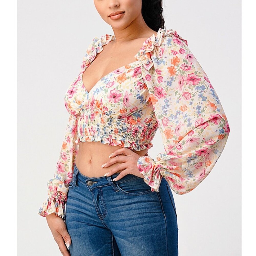 Privy Floral Smocked Long Sleeve Sweetheart Cropped Blouse